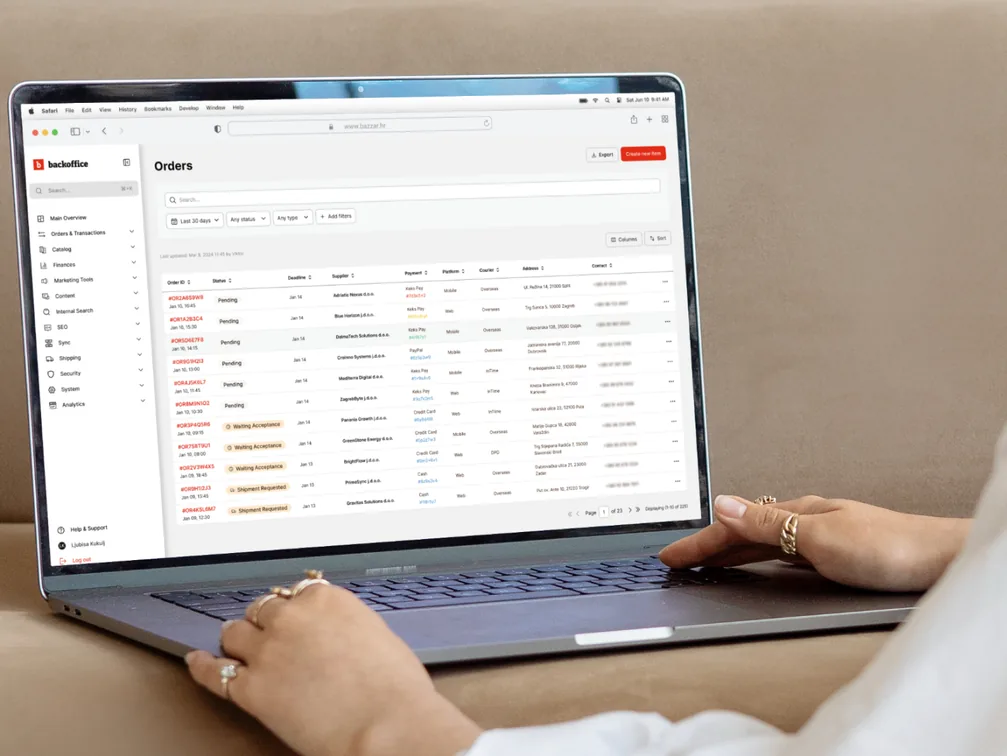 Bazzar Marketplace – backoffice order management dashboard open on a laptop, project cover